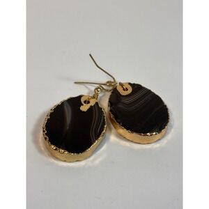 Earrings Heavy Black Stone Gold Tone Metal Foil Romantic Goth